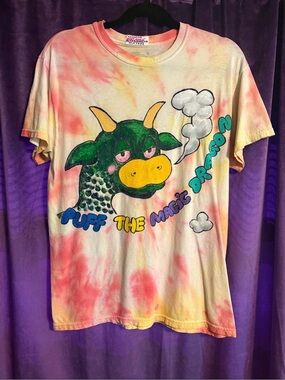 Custom Hand Painted Tie-Dye Puff The Magic Dragon Graphic Tee Boutique Pop Up